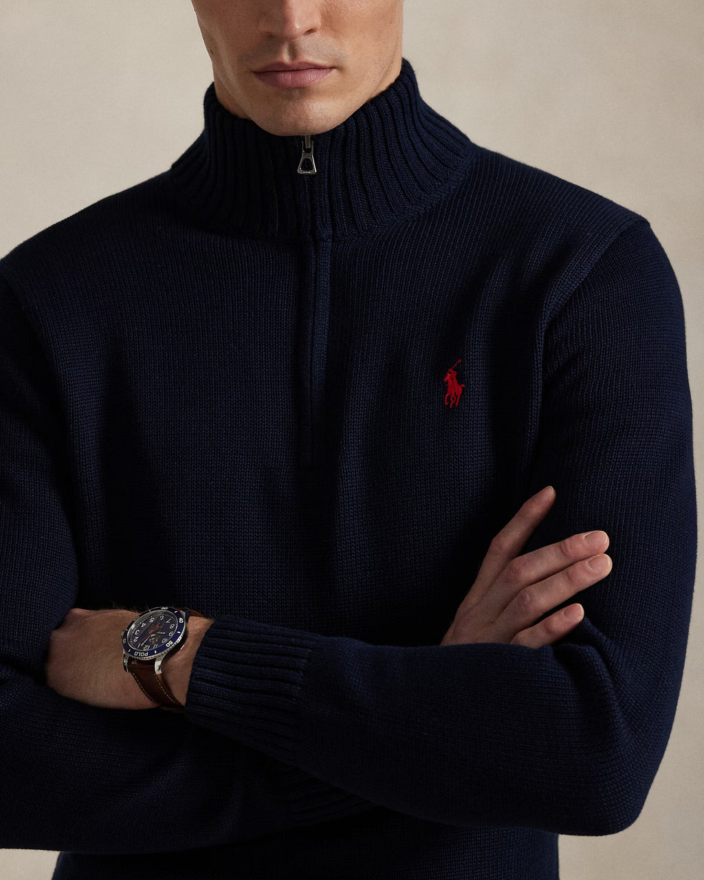 Pull en coton demi-zippé à col cheminée