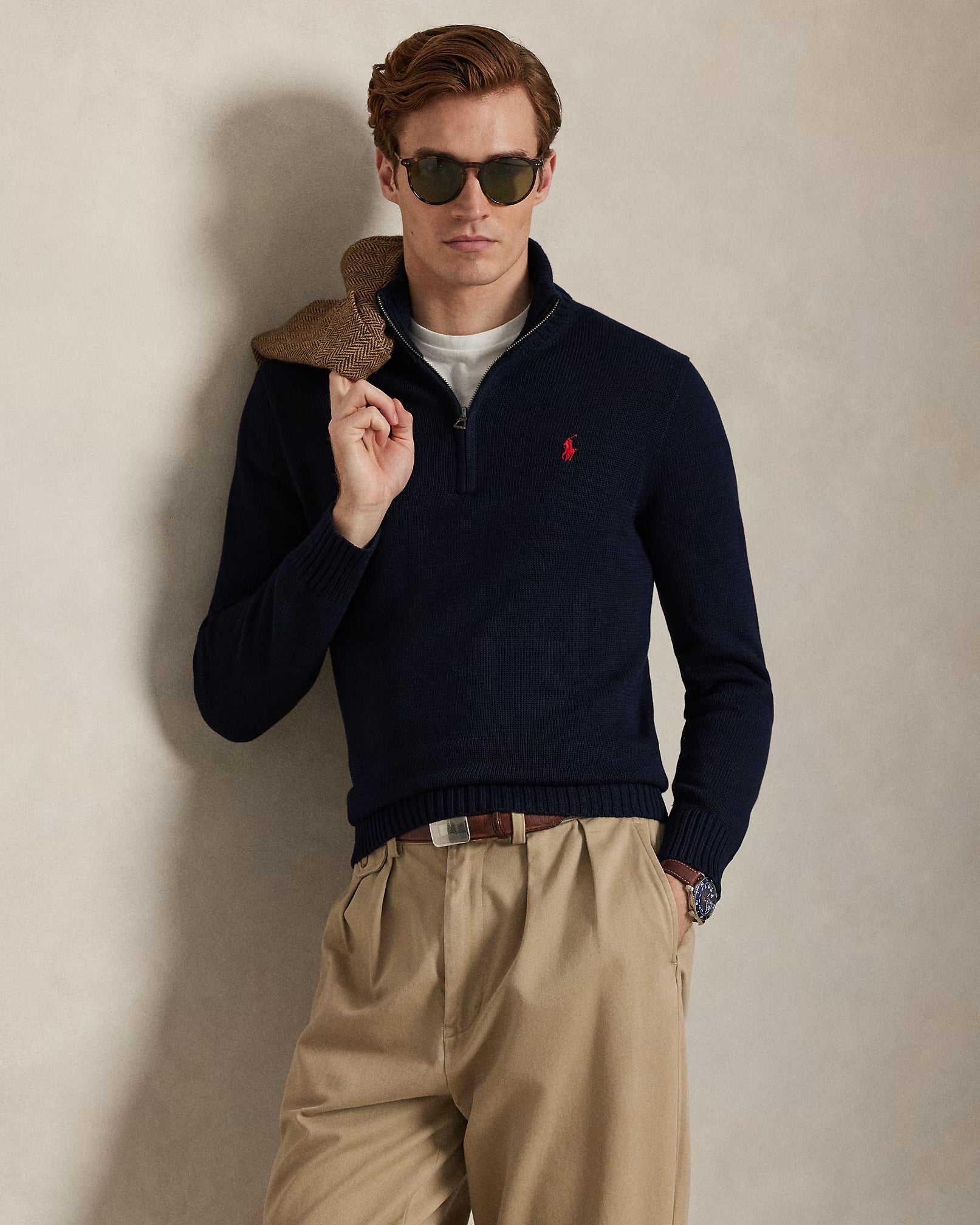 Pull en coton demi-zippé à col cheminée