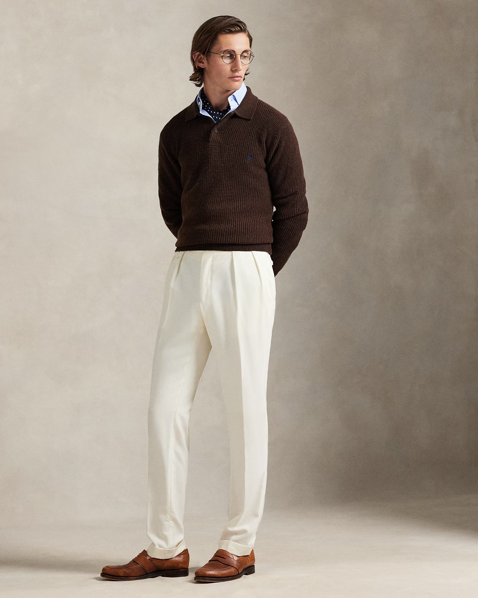 Pull col polo texturé en laine et coton
