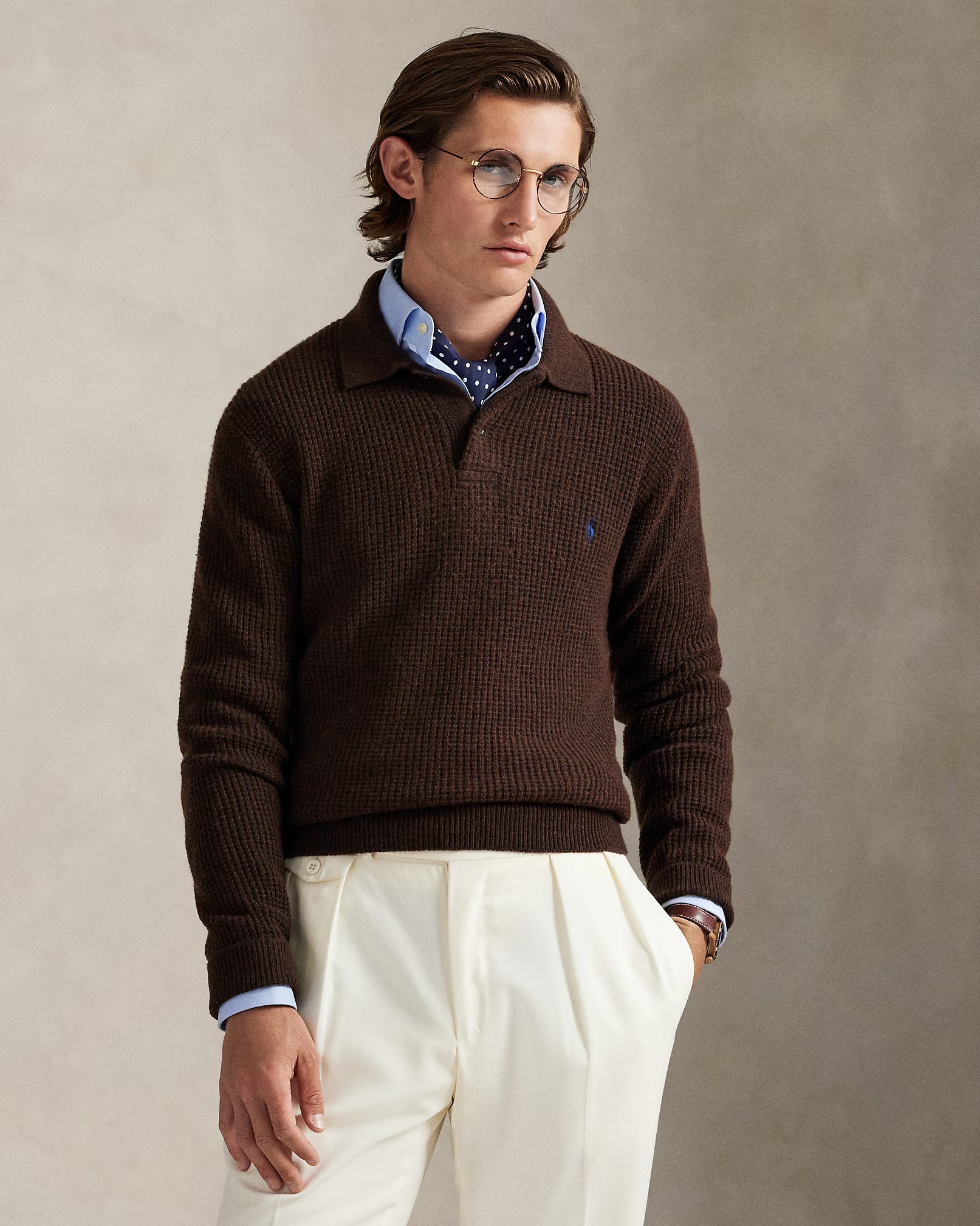 Pull col polo texturé en laine et coton