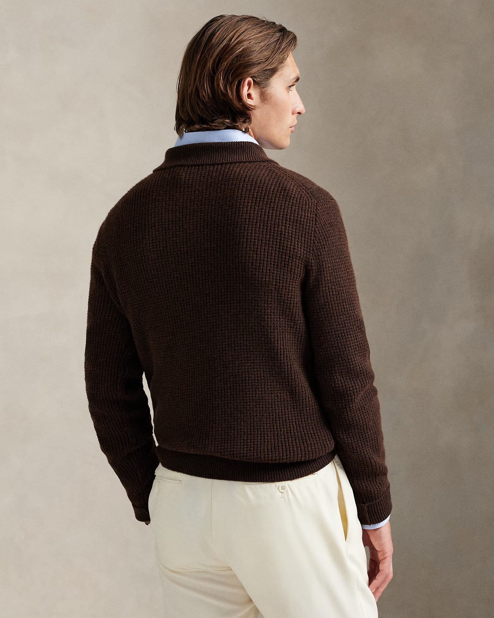 Pull col polo texturé en laine et coton
