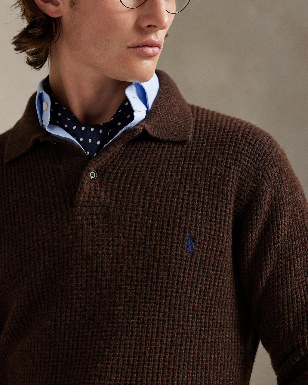 Pull col polo texturé en laine et coton